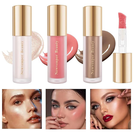 Face Blush+ Face Highlighter+ Face Contour with Brush Liquid Blush, Liquid Highlighter, Liquid Contour Long Lasting & Smooth Creamy Formula Lightweight Blush, Illuminator, Contour-VivaGrace Women