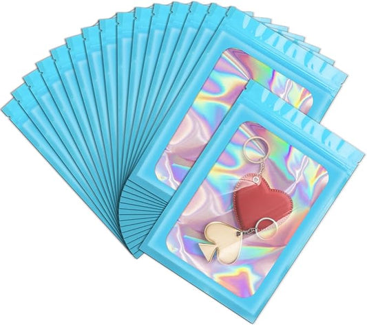 ANZNKU 100 Pcs Smell Proof Mylar Resealable Bags, Holographic Packaging Bags, Resealable Odor Foil Pouch Zip Bag with Clear Window for Food Storage and Lipgloss, Jewelry Lash (Blue, 3.9 x 7.1 Inch)-VivaGrace Women