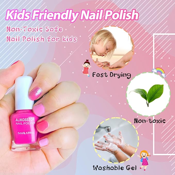 Kids Nail Polish Set - Non-Toxic, 10 Pink Colors, Quick Dry Peel Off Water Based Nail Polish Toys Kit for Toddler to Teen