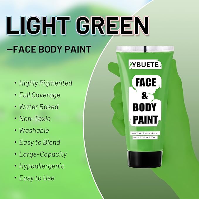 Light Green Water Based Face Body Paint for St. Patrick’s Day,2.37 OZ Large Tube Full Coverage Face Paint for Cosplay Monster Hulk Witch,Washable Green Body Painting Adult Halloween SFX Makeup-VivaGrace Women