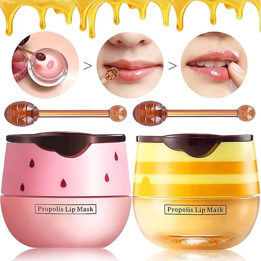 2 Pack Bee Lip Balm Honey Pot, Honey & Strawberry Lip Mask Propolis Lip Mask Moisturizing Hydrating Prevention Dry and Cracked Lip Scrubs Exfoliator (Honey+Strawberry)-VivaGrace Women
