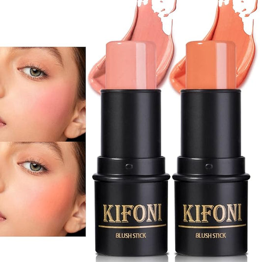 2 Pcs Cream Blush Stick Makeup Kit, Natural Shimmer & Matte Stick Blush Wand for Cheeks, Lightweight Blendable Silky Cream Blush Makeup -Matte Blush (#02 Soft Pink #03 Coral Orange)-VivaGrace Women