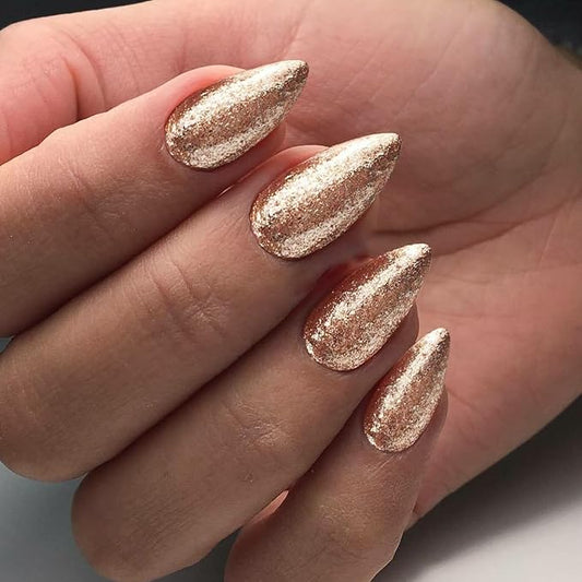 Nude Brown Glitter Press on Nails Medium Almond Shape,KQueenest Shimmer Acrylic Fake Nails with Salon UV Finish,Sparkling Gel Nails Press ons,Glue on Nails Medium False Nails with Design in 24 PCS