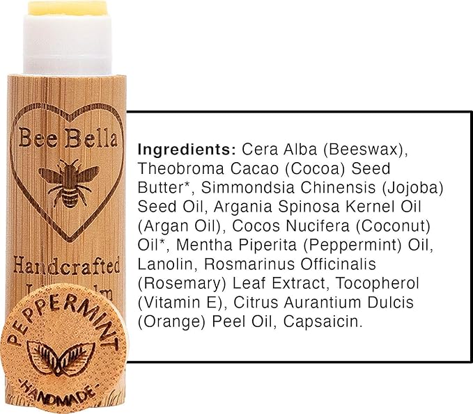 Bee Bella Lip Balm, Peppermint, 3 Pack - Hydrating, Moisturizing Lip Care, 100% Natural, Original Organic Beeswax with Vitamin E, Handmade in USA-VivaGrace Women