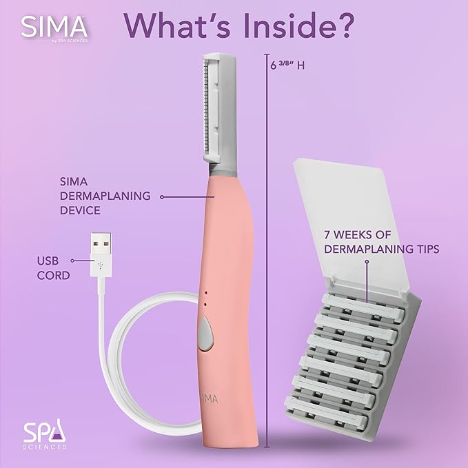 SPA SCIENCES - SIMA Patented Dermaplane Razor for Women Face – Painless 2-in-1 Facial Exfoliation & Peach Fuzz Hair Removal – Anti-Aging – 3 Speeds – Rechargeable – 7 Weeks Treatment-VivaGrace Women