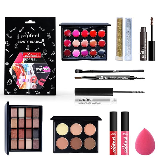All-in-one Holiday Makeup Gift Set | Full Makeup Kit for Women Multipurpose Essential Bundle Include Eyeshadow Palette Lipstick Blush Concealer Face Powder Eyeliner Mascara Lipgloss Brush-VivaGrace Women