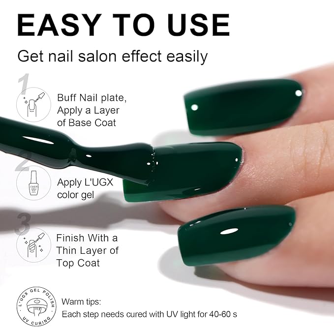 L'UGX Dark Green Gel Polish Emerald Nail Polish 15ML Long Lasting U V Gel Colors for Nails Art DIY Manicure & Pedicure at Home Salon Holiday Gifts for Women LGS-704