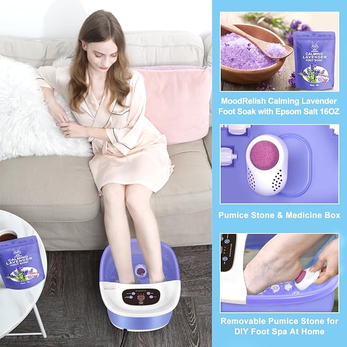 Foot Spa Bath Massager with Heat Bubbles and Vibration Massage and Jets, 16 OZ Calming Lavender Foot Soak Epsom Salt, MoodRelish Foot Soaker With Red Light, 22 Massage Rollers, Adjustable Temp -Purple-VivaGrace Women