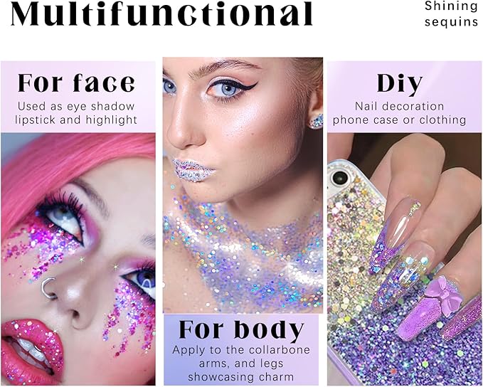 2 Colors Roll-on Body Glitter Gel, Holographic Glitter Gel Under Light for Face Hair, Body Shimmer for Rave Accessories Christmas New Year Halloween Makeup (11+12)-VivaGrace Women