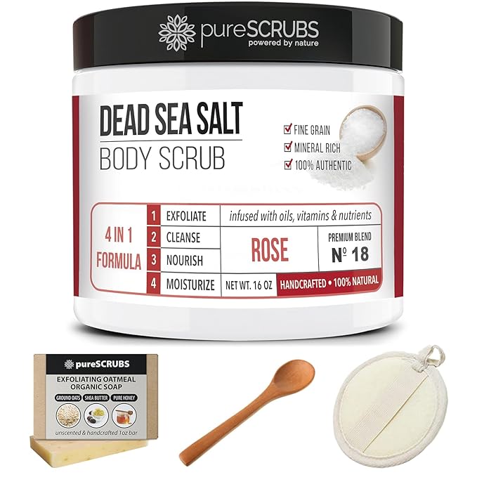 pureSCRUBS Premium Rose Body Scrub Set - Large 16oz Dead Sea Salt Body Scrub With Infused Essential Oils & Nutrients, Includes Wooden Spoon, Loofah & Oatmeal Exfoliating Bar Soap-VivaGrace Women