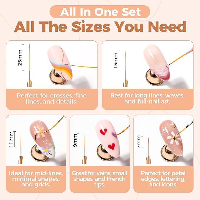 UNA GELLA Metallic Nail Art Brushes, Liner Pens Set 5Pcs Black Color For Nail Art Gel Polish - Thin Detail Nail Art Design Painting Brush Set For Nails Gel Fine Drawing Nail Tools Sizes 7/9/11/15/25mm-VivaGrace Women