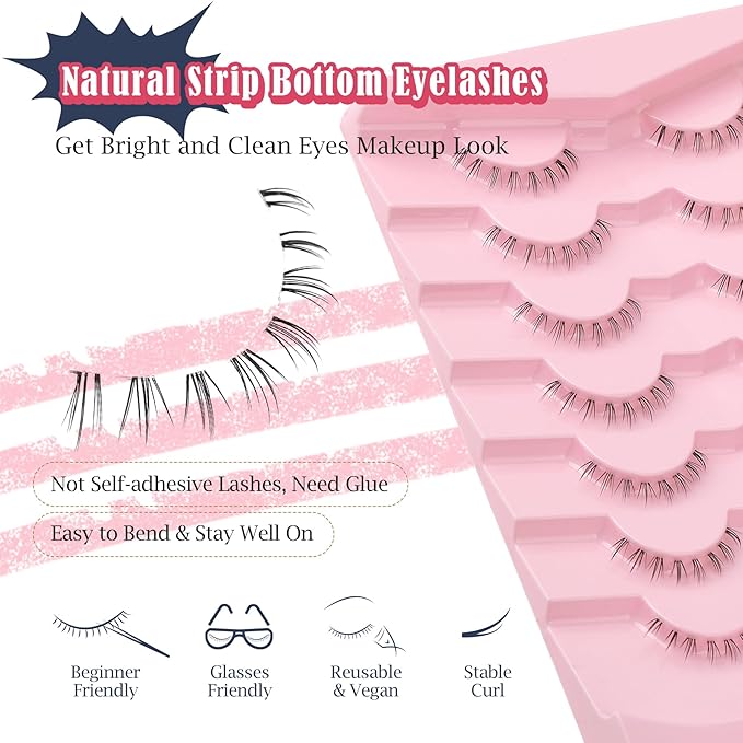 Lashes Natural Bottom Lashes 8mm Lower False Eyelashes Natural Look Strip Lashes Extention Wispy Bottom Eyelashes Fake Lashes Pack 7 Pairs-VivaGrace Women