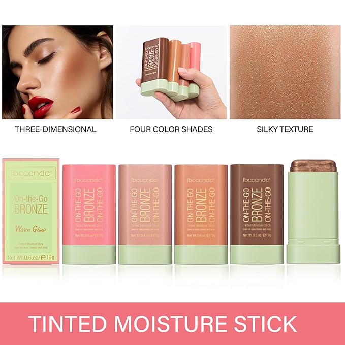 On-The-Go Bronzer Stick,Multi-Use Cream Contour Stick,Natural Long Lasting Face Bronzer,Smooth Highlighter Contour Stick,Bronze Contour Makeup Facial Shaping,04 Beach Glow-VivaGrace Women