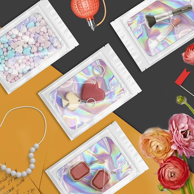 100 Pack Holographic Bags, Smell Proof Packaging Bags, Clear Window Resealable Odor Foil Pouch Mylar Bag for Food Storage and Lipgloss, Jewelry Lash (White, 3 x 4.7 Inch)-VivaGrace Women