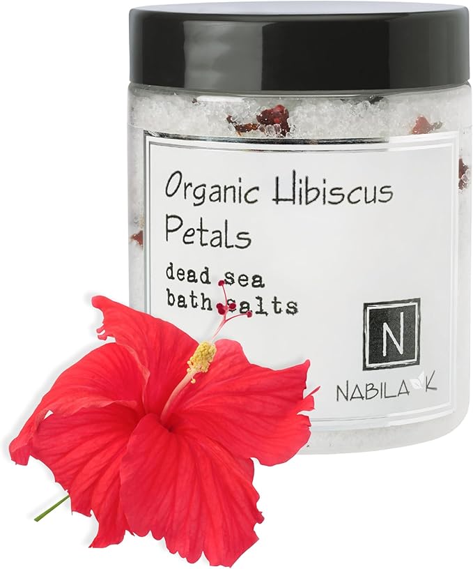 Organic Hibiscus Petals Bath Salts by Nabila K - Dead Sea Salt & Epsom Salt Scrub & Soak - Exfoliates & Hydrates Skin, Botanical Essential Oils - Bubble Bath Accessories for All Skins Types, 8 oz-VivaGrace Women