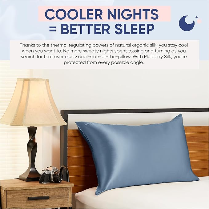 Blissy Silk Pillowcase - 100% Pure Mulberry Silk - 22 Momme 6A High-Grade Fibers - Silk Pillow Cover for Hair & Skin - Regular, Queen & King (Ash Blue, Queen)-VivaGrace Women