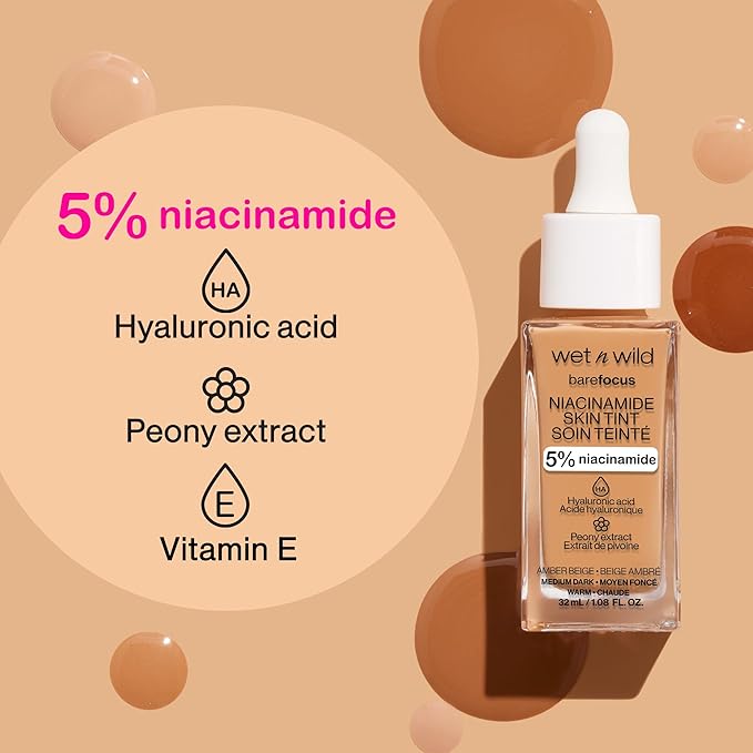 wet n wild Bare Focus Skin Tint, 5% Niacinamide Enriched, Buildable Sheer Lightweight Coverage, Natural Radiant Finish, Hyaluronic & Vitamin Hydration Boost, Cruelty-Free & Vegan - Buff-VivaGrace Women
