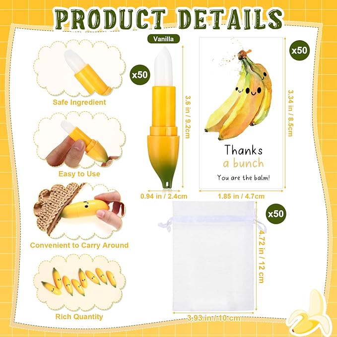 50 Pcs Employee Appreciation Gifts Bulk Banana Lip Balms Staff Appreciation Gift Bulk Lip Balm Gift Set Thank You Gift Lip Care Cream for Coworker Teacher Nurse Women Friend Baby Shower Favors-VivaGrace Women