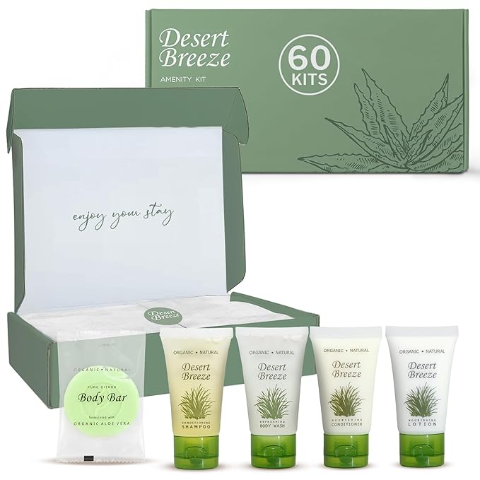 Dessert Breeze Amenity Kit | Boxed Hotel Toiletries | Bulk Set 1oz Travel Size Shampoo, Conditioner, Lotion, Body Wash & Body Bar Soap for Guest Hospitality AirBnB/Vacation Rentals | 60 sets per case-VivaGrace Women