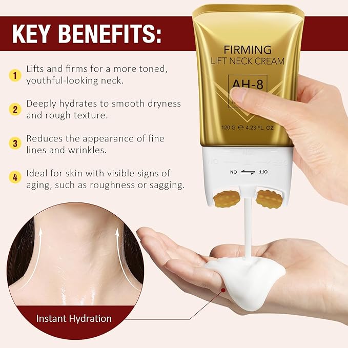 AH-8 Firming Neck Cream with Roller - Anti-Aging Moisturizer for Neck & Chest - Lifts, Tightens, Deeply Hydrates, Reduces Fine Lines & Wrinkles - For Crepey, Sagging Skin - 4.23 fl.oz-VivaGrace Women