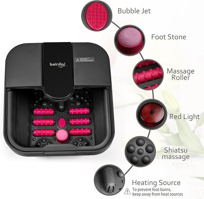 Beinilai Collapsible Foot Spa,Foot Bath with Heat and Massage and Bubble Jets,Foot Soak Tub with Six Non Motorized Rollers,Acupressure Massage Points,Red Light and Removable Pumice Stone-VivaGrace Women