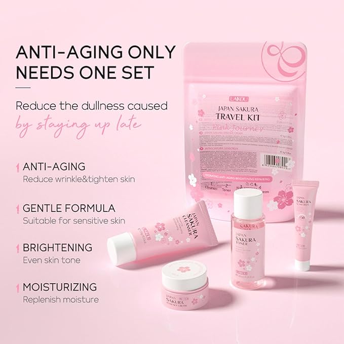 Sakura Travel Skincare Set for Teenage Girls - Face Routine Set for Women,4 Piece Gentle Skin Cleaning & Care Travel Size Kit With Cleanser, Toner, sunscreen and Face Cream-VivaGrace Women