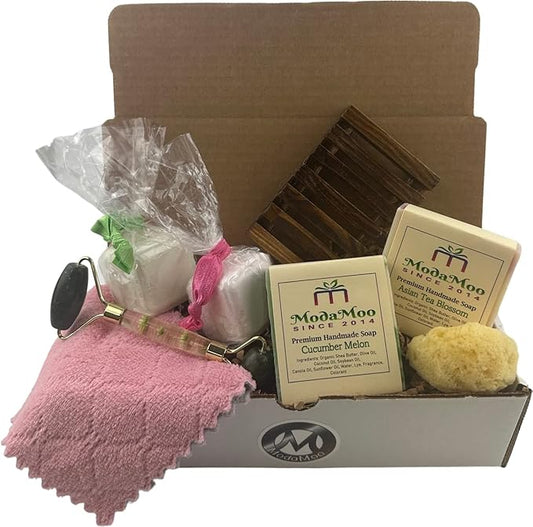 ModaMoo's Day Spa Gift Box Set. Cucumber Melon and Asian Tea Blossom Soaps, Jade Roller, Sea Sponge, and More-VivaGrace Women