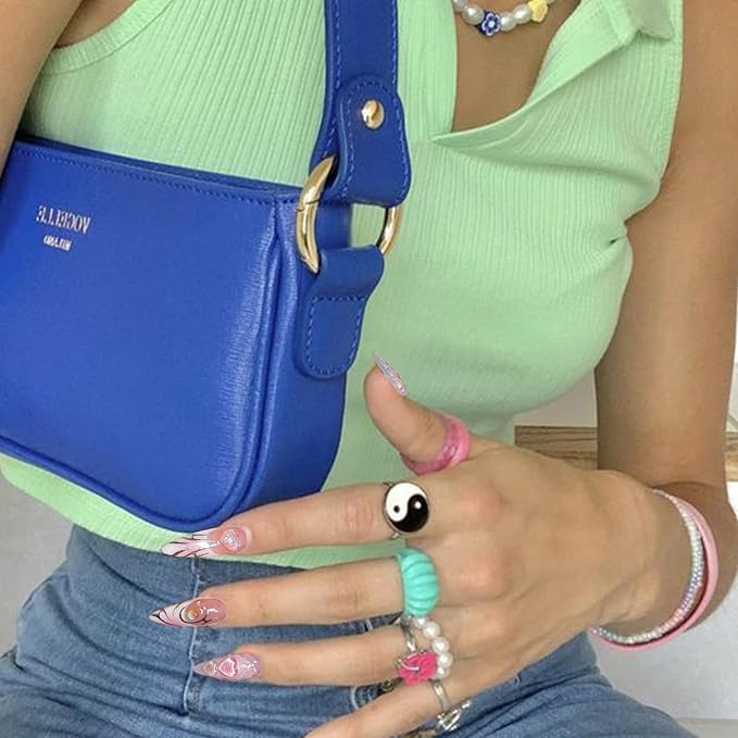 French Tip Press on Nails Medium Almond Fake Nails with 3D Heart Designs Glossy Y2K Full Cover False Nails Sliver Swirl Glue on Acylic Nails for Women