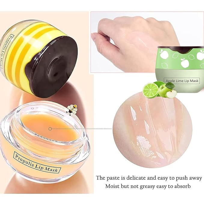 Bee Lip Balm Honey Pot, Strawberry & Honey Moisturizing Propolis Lip Mask, Hydrating & Prevention Dry and Cracked Lip Scrubs Exfoliator, Reduces Lip Lines (Green)-VivaGrace Women