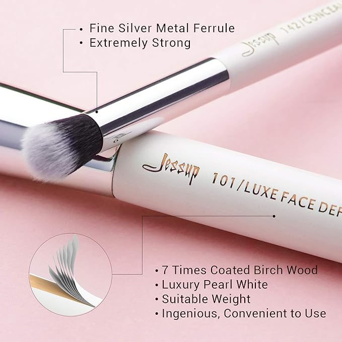Jessup Brand 25pcs Professional Makeup Brush Set Beauty Cosmetic Foundation Powder Blusher Eyeshadow Blending Highlight Concealer Natural-Synthetic Hair Brushes Set (Pearl White/Silver)-VivaGrace Women