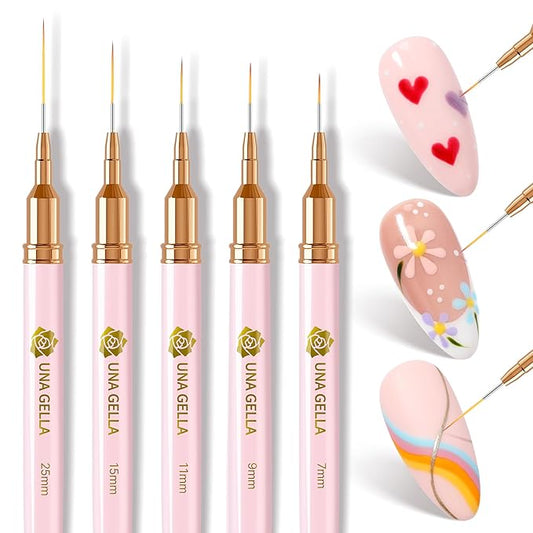 UNA GELLA Nail Art Brushes Metallic, 5 Count Liner Pens Set For Nail Art Gel Polish, Detail Nail Art Design Painting Brush Set For Nails Gel Fine Drawing Nail Tools, Sizes 7/9/11/15/25mm-VivaGrace Women