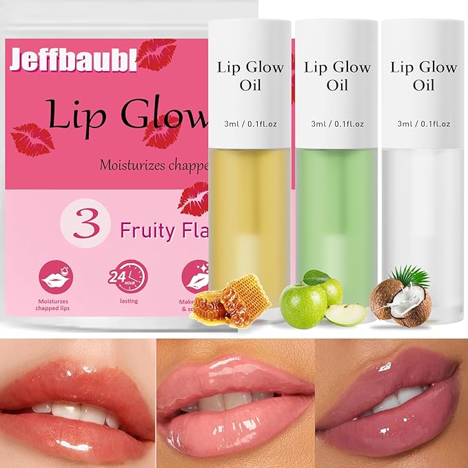 Hellokiss 3Pcs Lip Glow Oil,Moisturizing Lip Plumper Gloss,3 Fruit Flavoured Lip Balm Lip Care,Clear Plumping Lip Gloss,Non-Sticky Long Lasting Hydrating Lip Oil(Honey,Green Apple,Coconut)-VivaGrace Women