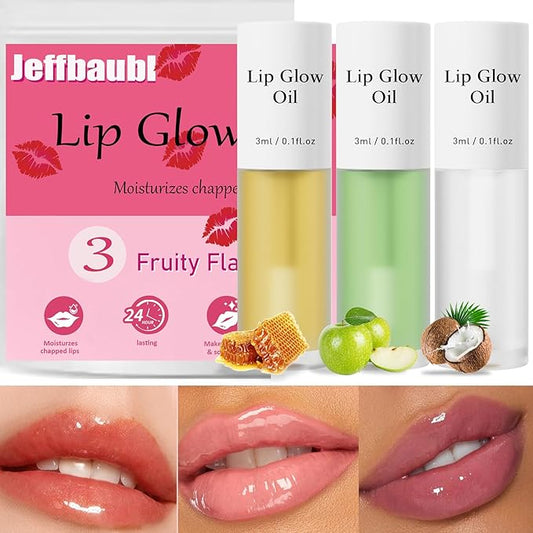 Hellokiss 3Pcs Lip Glow Oil,Moisturizing Lip Plumper Gloss,3 Fruit Flavoured Lip Balm Lip Care,Clear Plumping Lip Gloss,Non-Sticky Long Lasting Hydrating Lip Oil(Honey,Green Apple,Coconut)-VivaGrace Women