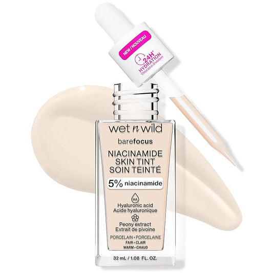 wet n wild Bare Focus Skin Tint, 5% Niacinamide Enriched, Buildable Sheer Lightweight Coverage, Natural Radiant Finish, Hyaluronic & Vitamin Hydration Boost, Cruelty-Free & Vegan - Porcelain-VivaGrace Women