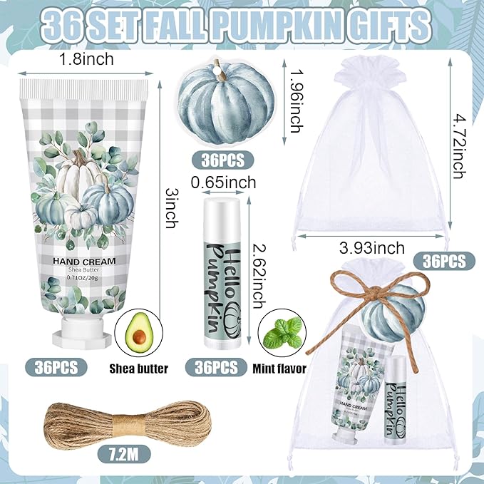144 Pcs Fall Lip Balm Hand Cream Set Party Favors, Include 36 Blue Pumpkin Lip Balm 36 Moisturizing Hand Cream 36 Bags 36 Cards and Ropes for Autumn Accessories Gifts-VivaGrace Women