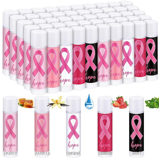 50 Pack Breast Cancer Awareness Favors Bulk Lip Balms Gifts Pink Ribbon Lip Balms Favors Breast Cancer Awareness Month Accessories Support Party Items Decorations for Women Men Survivors-VivaGrace Women