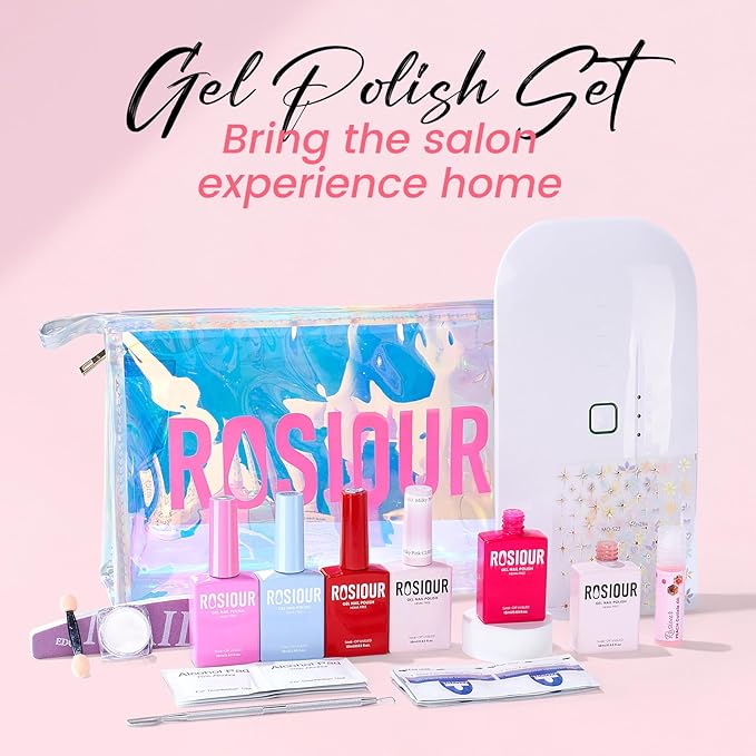 Gel Nail Polish Kit with U V Light, Hema-Free Light Baby Pink Blue Purple Nude Pink Summer Gel Polish Set with Base & Top Coat Chrome Nail Powder, 4 Colors Mini Salon Nail Art Starter Gift for Women-VivaGrace Women