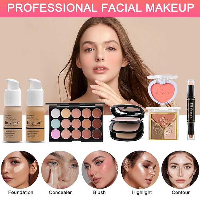 All in One Makeup Kit for Women Full Kit, Professional Travel Makeup Kit for Women & Teens, Foundation Eyeshadow Lipstick Brow Pencil Eyeliner Contour Powder, Complete Make Up Gift Set for Beginners-VivaGrace Women