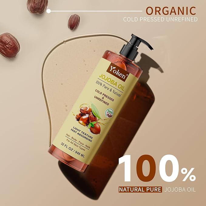 Yoken 32 fl oz (EWG Verified) 100% Pure Jojoba Carrier Oil - Unrefined, Hexane-Free, Cold Pressed for Skin, Face, Hair, Nails, and Massage-VivaGrace Women