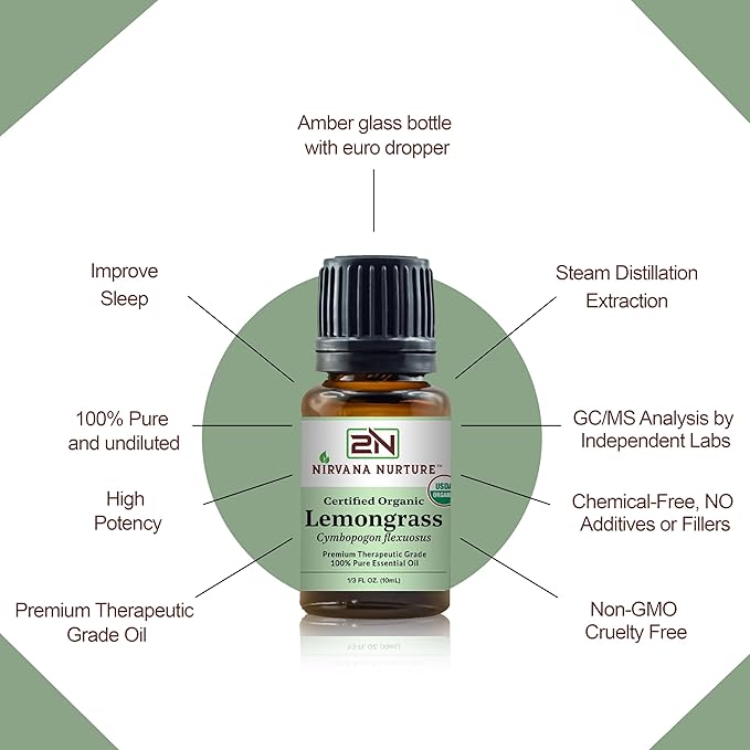 Lemongrass Essential Oil USDA Certified Organic 100% Pure Premium Therapeutic Grade, Undiluted - Aromatherapy Diffuser for Calm and Relaxation, Skin Care, Hair Care-VivaGrace Women