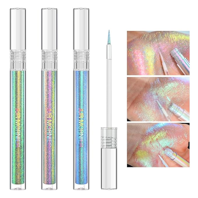 Multichrome Liquid Eyeshadow Set, 3 Colors Multi-Dimensional Eye Liner Makeup, High Pigment Waterproof Metallic, Ultra Fine Tip Glitter (107+108+109)