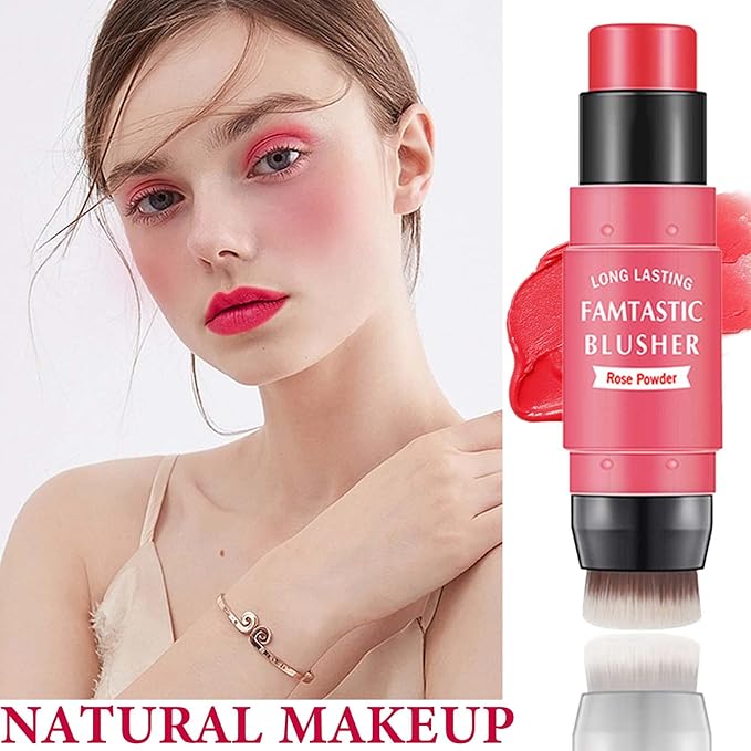Cream Blush Stick,Blush Stick for Cheeks with Contour Brush,3-in-1 Long Lasting Waterproof Blush&Eye Shadow&Lip Gloss for All Skin Types（02 Rose Pink）-VivaGrace Women