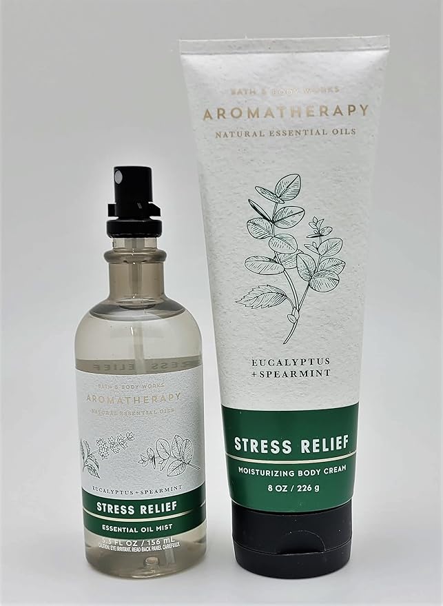 Bath & Body Works - Aromatherapy - Eucalyptus Spearmint – Stress Relief - 2 pc Bundle - Essential Oil Mist- 5.3 fl oz - & Body Cream - 8 oz-VivaGrace Women