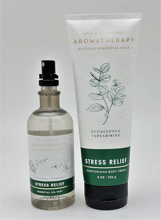 Bath & Body Works - Aromatherapy - Eucalyptus Spearmint – Stress Relief - 2 pc Bundle - Essential Oil Mist- 5.3 fl oz - & Body Cream - 8 oz-VivaGrace Women