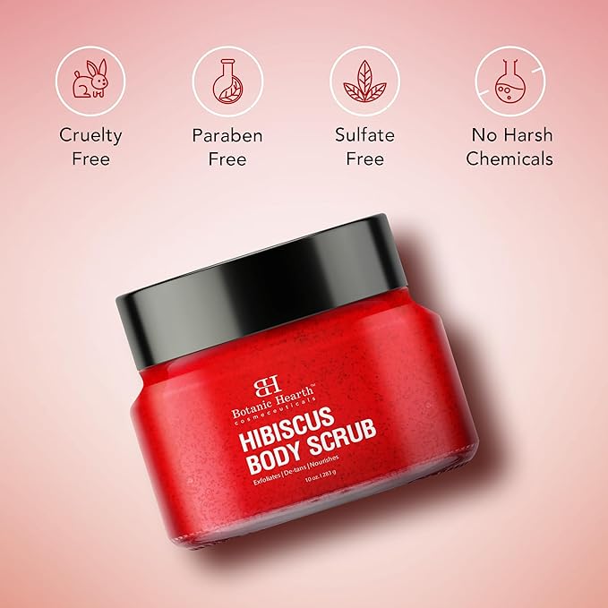 Botanic Hearth Hibiscus Body Scrub Exfoliator | Hydrating Raw Sugar Scrub | Natural Body Scrub For Skin Care, Stretch Marks, Acne & Cellulite, Eczema, Age Spots & Varicose Veins | 10 Oz-VivaGrace Women