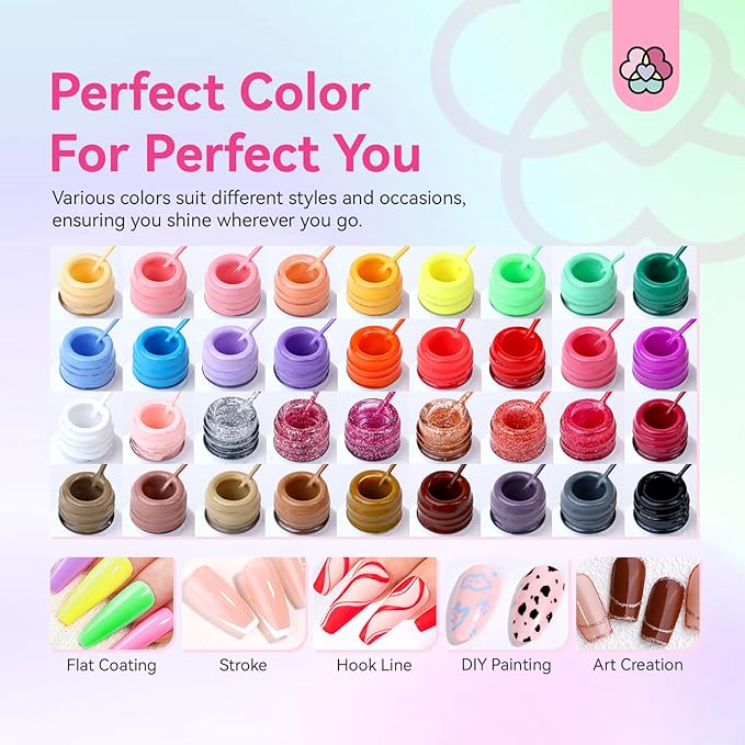 SAVILAND Nail Gel - 36 Colors Liner Set With Art Brushes, Soak Off Pen, Pink Polish for Salon DIY At Home, Beginner-Friendly Manicure Kit