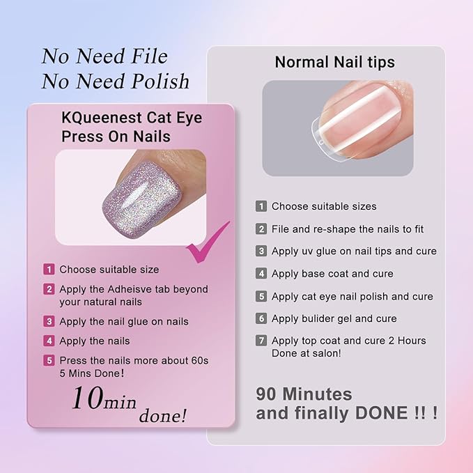 KQueenest Thick Cat Eye Gel Nails Press ons, Glitter Press on Nails Short Square, Sparkle Bling Fake Acrylic Nails Glue on Short, Shiny and Cute Small False Nails with Design Manicure 30 Pcs, Lilac