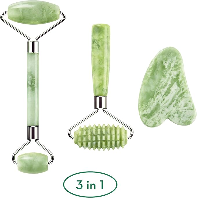 kimkoo Jade Roller and Gua Sha for Face-3 in 1 Kit with Facial Massager Tool,100% Real Natural Jade Stone Anti Aging,Face Beauty Set for Eye Anti-Wrinkle-VivaGrace Women