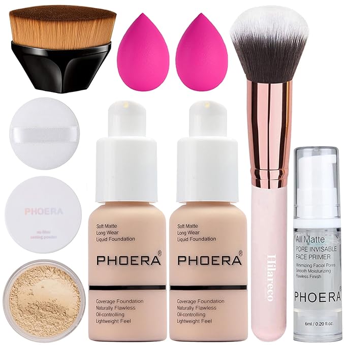 PHOERA Foundation, Full Coverage Foundation, PHOERA Primer, PHOERA Powder, PHOERA Makeup Set, Kabuki Makeup Brushes Foundation Brush Powder Brush,2 Pcs Makeup Sponge (2PCS 101- Porcelain)-VivaGrace Women