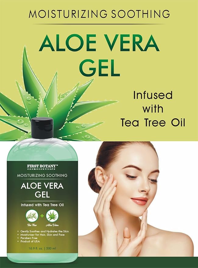 First Botany, Aloe Vera Gel from 100 Percent Pure Aloe Infused with Tea Tree Oil - Natural Raw Moisturizer for Hand Sanitizing Gel, Skin Care, Hair Care, Sunburn, Acne & Eczema -16.9 fl oz | 500 ml-VivaGrace Women